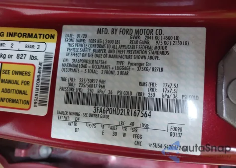 2020 Ford Fusion Se из США, поврежденный, VIN 3FA6P0HD2LR167564